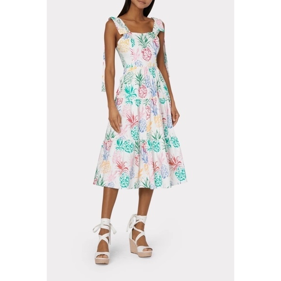 NWT!! MILLY Ellery Tiered Pineapple Print Midi Dress Poplin Colorful Size 8 - Picture 1 of 16